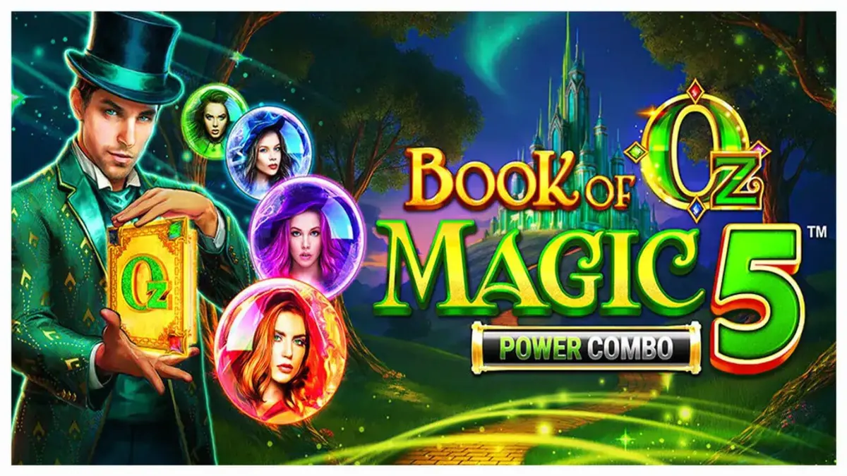 Interface vibrante do slot Book of Oz Magic 5 Power Combo com elementos mágicos