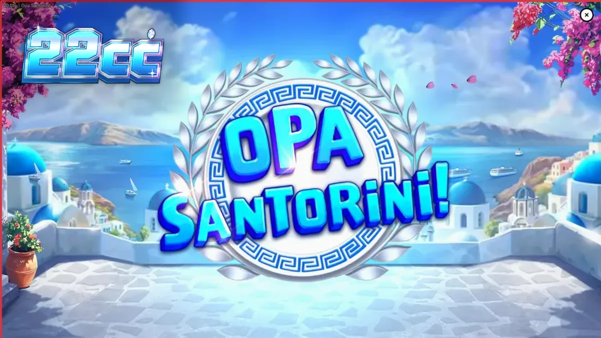 Cenário deslumbrante do slot Opa Santorini! com casas brancas, domos azuis e o mar Egeu ao pôr do sol, destacando a atmosfera grega do jogo.